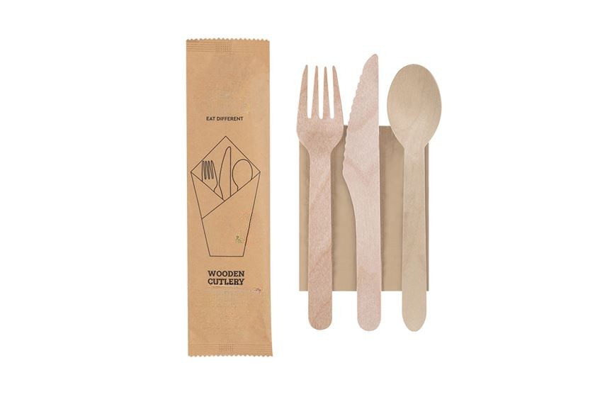 WOODEN CUTLERY SET (SPOON, FORK, KNIFE, NAPKIN